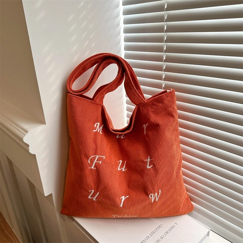 Women Corduroy Tote Bag Large Capacity Letter Embroidery Shoulder Bag Casual Shopping Handbag Retro Commuting Purse