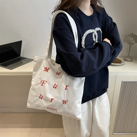 Women's Corduroy Large Capacity Tote Bag Embroidered Letters Casual Shoulder Bag Commuting Handbag Vintage Fashion Shopping Bag