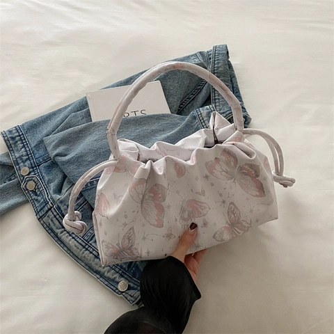 Bolso de Axila Plisado con Estampado de Mariposa de Estilo Chino para Mujer Cuero PU con Cordón Bolso de Hombro de Diseño Individual de Tendencia