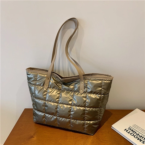 Women's Large Capacity Quilted Puffer Tote Bag Cotton Padded Shoulder Bag Metallic Shine Square Grid Pattern Handbag
