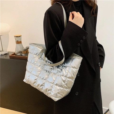 Women's Large Capacity Quilted Puffer Tote Bag Cotton Padded Shoulder Bag Metallic Shine Square Grid Pattern Handbag