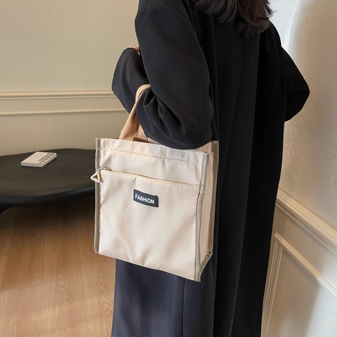 Canvas Multi-Layer Storage Tote Bag Minimalist Contrast Color Handle Handbag For Women Student Casual Commuting Shoulder Bag