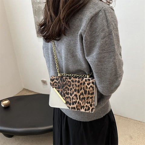 Dames Luipaardprint Patchwork Kleine Vierkante Tas PU Leer Mode Ketting Schoudertas Crossbodytas Stedelijk Minimalistisch