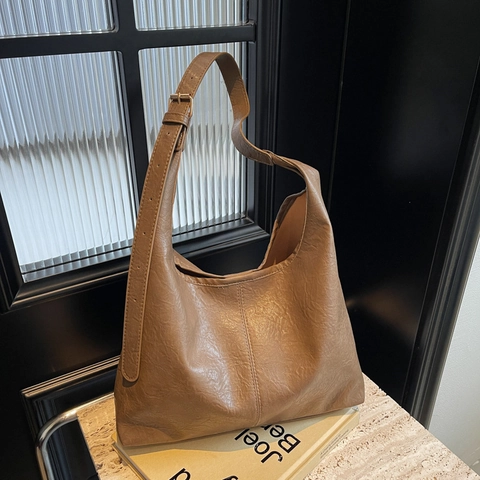 Bolso Tote de Cuero PU de Gran Capacidad para Mujer Vintage Hobo Bolso de Hombro Estilo Urbano Simple Color Sólido