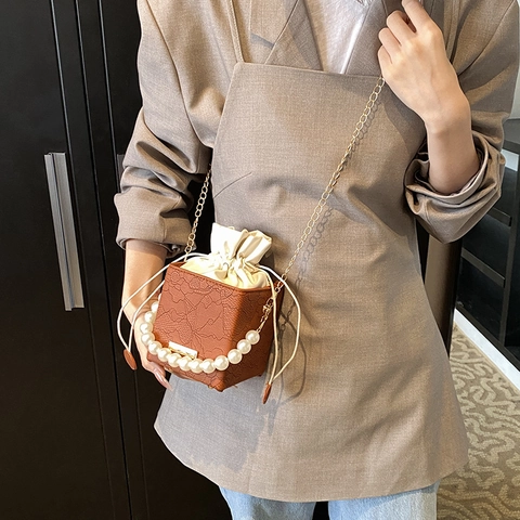 Women Fashion Lace Embossed PU Box Bag Artificial Pearl Handle Gold Chain Strap Elegant Drawstring Shoulder Crossbody Bag