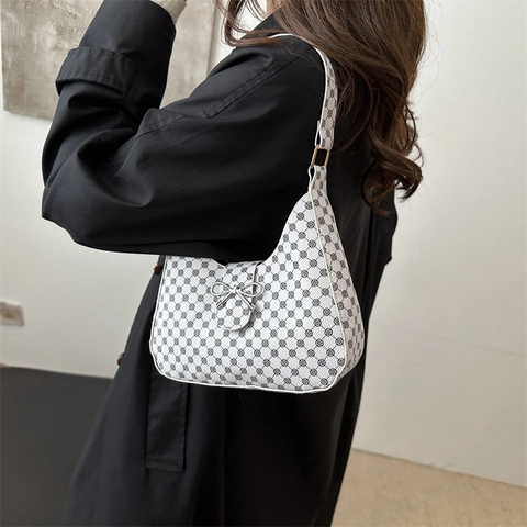 Borsa Sotto l'Ascella in Pelle PU con Stampa Monogramma Retrò per Donna Borsa a Tracolla con Fiocco Decorativo Versatile