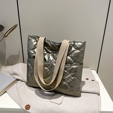 Metallic Quilted Puffer Tote Bag Metallic Cotton Padded Large Capacity Shoulder Bag Casual Urban Minimalist Handbag Women