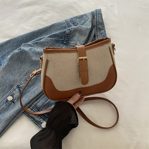 Damen Retro PU Leder Leinwand Farbblock Schultertasche Große Kapazität Umhängetasche Mit Verstellbarem Gurt Pendler Handtasche
