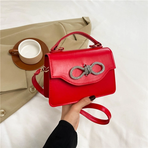 Damen Schleife Strass PU Leder Schultertasche Elegante Klappe Handtasche Verstellbare Umhängetasche Lässige Kleine Quadratische Tasche