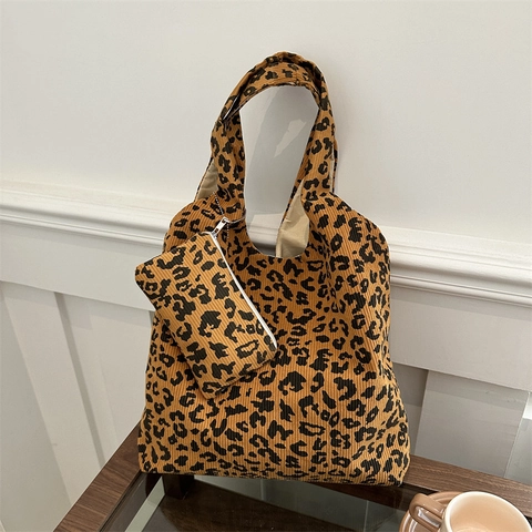 Borsa Tote in Nylon Con Stampa Leopardata Con Pochette Grande Capacità Borsa a Tracolla da Donna Stile Minimalista Urbano Casual