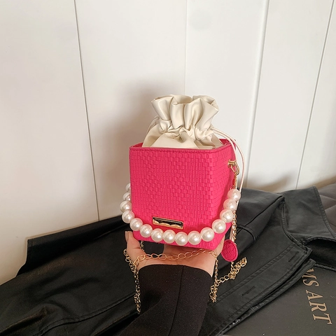 Elegante PU Webstruktur Box Tasche Für Damen Mit Künstlicher Perle Griff Und Goldkette Kordelzug Mini Eimer Schultertasche