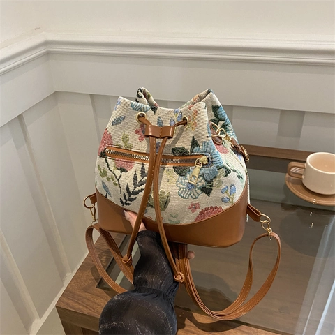 Borsa a Secchiello Jacquard a Fiori Vintage da Donna Borsa a Tracolla in Tela Patchwork Con Chiusura a Coulisse Casuale