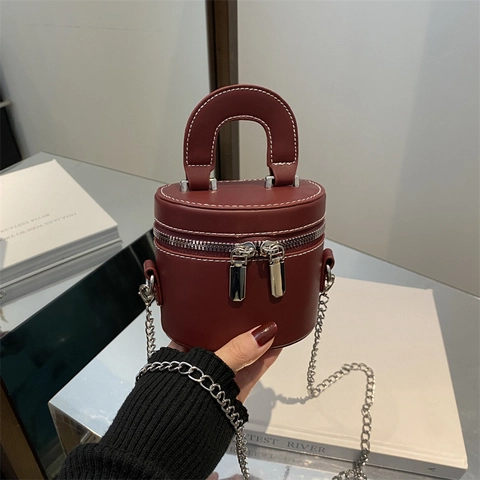 Borsa a Tracolla Cilindrica in Pelle PU Retro per Donna Moda Cuciture a Contrasto Doppia Cerniera Catena Borsa Trendy a Barile