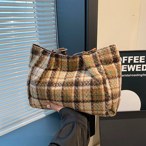 Borsa Tote da Donna Retro a Quadri in Tweed di Lana Grande Capacità Borsa a Tracolla da Pendolare Con Manici in Metallo