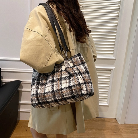 Borsa Tote da Donna Retro a Quadri in Tweed di Lana Grande Capacità Borsa a Tracolla da Pendolare Con Manici in Metallo