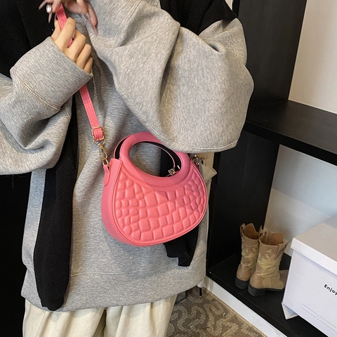 Women PU Leather Half Moon Bag Embossed Quilted Shoulder Crossbody Bag With Round Handle Fashion Handbag Daily Tote Bag