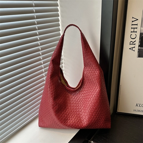 Bolso de Hombro de Cuero PU Tejido para Mujer Bolso Tote Grande Retro Color Sólido Bolso de Axila Minimalista para Viaje Diario