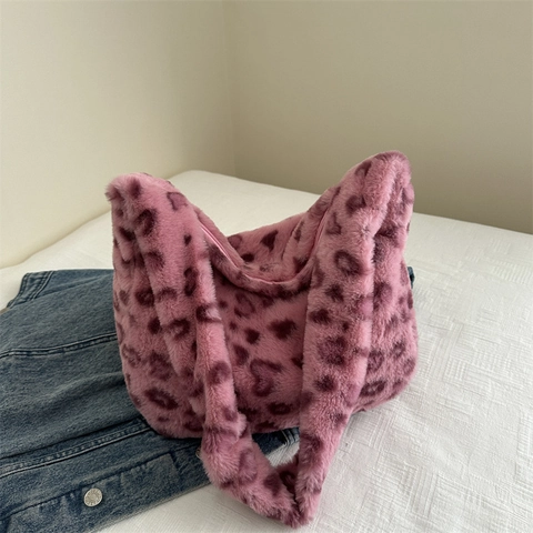 Women Leopard Print Plush Shoulder Bag Faux Fur Tote Bag Street Fashion Large Capacity Handbag Autumn Winter Casual Bag