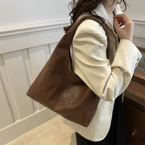 Bolso de Hombro de Cuero PU Tejido para Mujer Bolso Tote Grande Retro Color Sólido Bolso de Axila Minimalista para Viaje Diario
