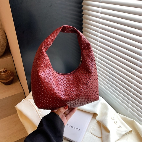 Bolso de Axila de Cuero PU Tejido Minimalista para Mujer Bolso de Hombro Hobo Retro Moda Color Sólido Bolso de Mano para Conmutar