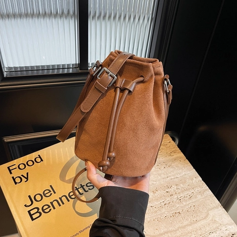 Vintage Suede Texture Nylon Drawstring Bucket Bag For Women Solid Color Large Capacity Shoulder Crossbody Phone Bag