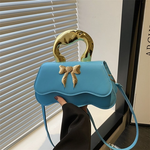 Mode PU Umhängetasche Mit Metallgriff Schleife Wellenkante Design Süße Coole Handtasche Für Damen Täglich Party