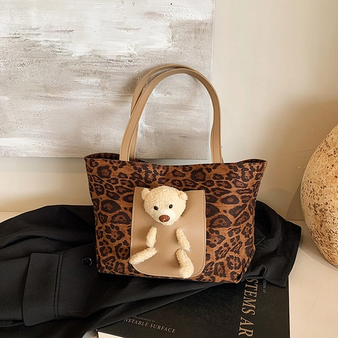 Borsa Tote Leopardata Da Donna Con Orsetto Di Peluche 3D Grande Capacità Borsa A Spalla Retrò Moda Urbana Casual