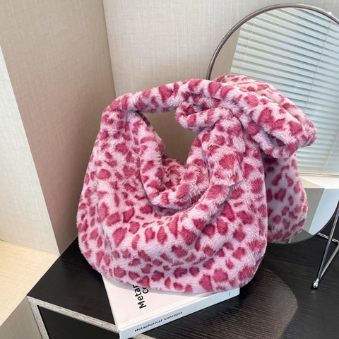 Bolso Tote de Peluche con Estampado de Leopardo para Mujer Bolso de Hombro de Piel Sintética Suave Gran Capacidad Bolso Hobo Casual