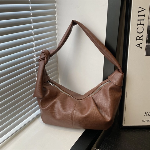 Bolso de Hombro para Mujer de Gran Capacidad de Cuero PU Fruncido Correa Anudada Hobo Crossbody Casual Color Sólido