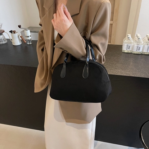 Women Vintage Nylon Bowling Bag Retro Suede Texture Boston Handbag Large Capacity Casual Shoulder Bag Urban Minimalist