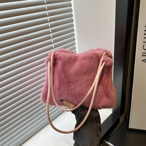 Borsa a Spalla da Donna alla Moda in Pelliccia Sintetica Peluche Trendy Grande Capacità Invernale Autunnale Borsa a Mano Morbida