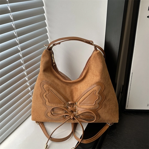 Vintage Vlinder Suede-Look Grote Capaciteit Draagtas Voor Dames Stedelijk Minimalistisch Schoudertas Met Vetersluiting