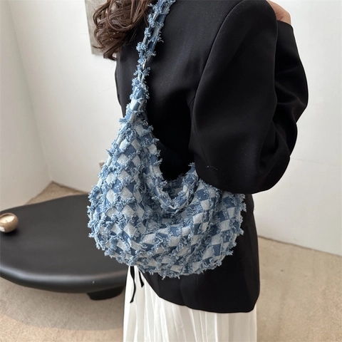 Damen Denim Schachbrett Hobo Tasche Große Kapazität Fransen Umhängetasche Casual Vintage Karo Umhängetasche Tote Bag