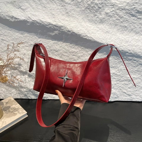 Women Fashion PU Leather Underarm Bag Silver Star Decor Large Capacity Solid Color Shoulder Crossbody Bag Retro Tote Bag