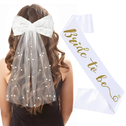 Braut Bachelorette Party Dekoration Set Perle Tüll Schleife Haarclip Und Bride To Be Schärpe Satin Hochzeit Zubehör