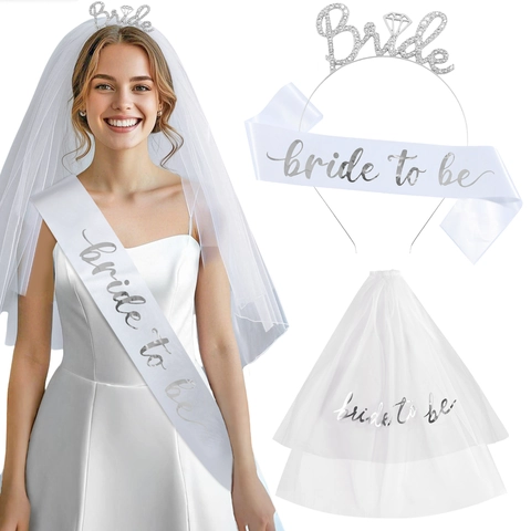 Bridal Shower Bachelorette Party Set Bride To Be Rhinestone Tiara White Satin Sash Double Layer Mesh Veil Party Supplies