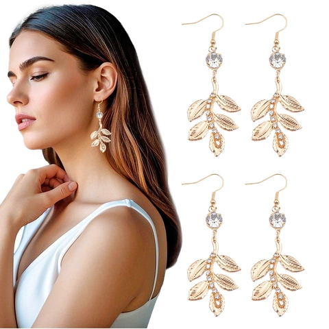 Barock Gold Legierung Blatt Ohrhänger mit Glitzernden Strass Vintage Brautschmuck für Damen Party Hochzeit Accessoire