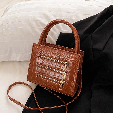 Dames Krokodillenpatroon Handtas Drievoudige Rits Decor Stedelijk Eenvoudig PU Leer Schoudertas Crossbody Tas Met Handvat