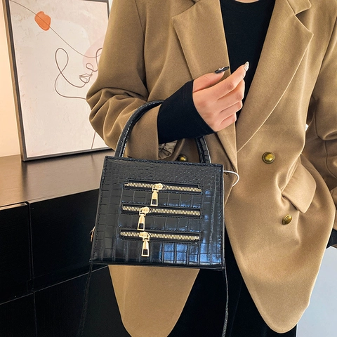 Dames Krokodillenpatroon Handtas Drievoudige Rits Decor Stedelijk Eenvoudig PU Leer Schoudertas Crossbody Tas Met Handvat