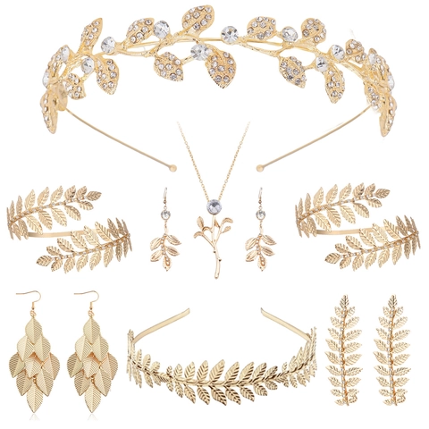Luxus Gold Legierung Blatt Schmuck Strass Stirnband Armband Ohrringe Halskette Kollektion Für Damen Hochzeit Party Barock Zubehör