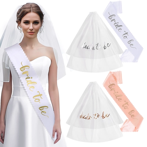 Elegant Bridal Bachelorette Party Accessories Satin Bride To Be Sash Double Layer White Mesh Veil Wedding Party Decorations