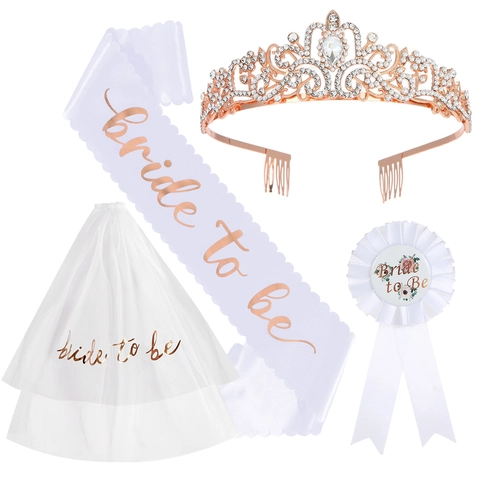 Despedida de Soltera Bride To Be Accesorios Tiara de Strass Banda de Satén Blanca Velo de Tul Insignia Boda Mujer