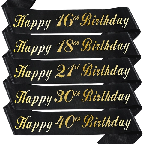 Fascia Happy Birthday in Satin Con Nastro in Lamina D'oro Per 16 18 21 30 40 50 60 70 Anni Festa Di Compleanno Forniture