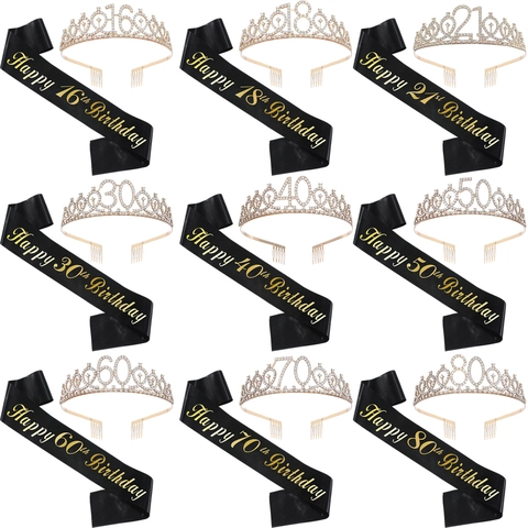 Tiara Corona Compleanno Oro In Strass E Fascia In Raso Nero Happy Birthday Cerchietto Festa Per Donna Ragazze Accessorio Celebrazione