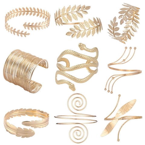 Bracciale da Braccio Vintage Barocco in Ferro Oro per Donna Regolabile Aperto Foglia Serpente Spirale Multistrato Gioielli