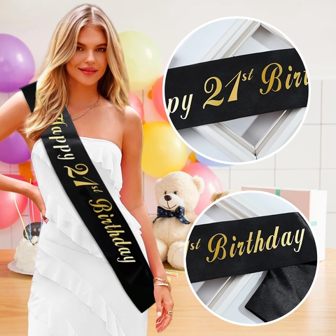 Fascia Happy Birthday in Satin Con Nastro in Lamina D'oro Per 16 18 21 30 40 50 60 70 Anni Festa Di Compleanno Forniture