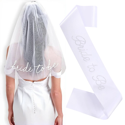Conjunto de Banda y Velo Bride To Be Blanco para Despedida de Soltera Boda Decoraciones con Strass y Bordados