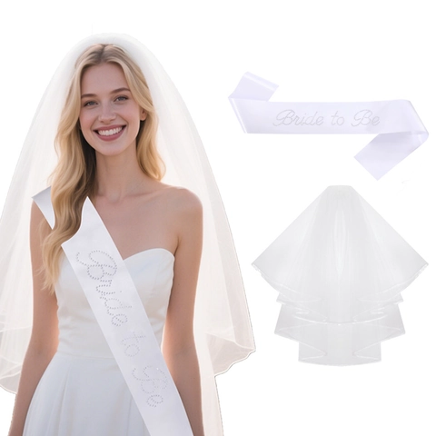 Bride To Be Sjerp En Sluier Set Wit Satijn Strass Belettering Gaas Bruiloft Vrijgezellenfeest Decoratie Accessoire Dames