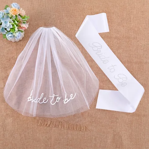 Conjunto de Banda y Velo Bride To Be Blanco para Despedida de Soltera Boda Decoraciones con Strass y Bordados