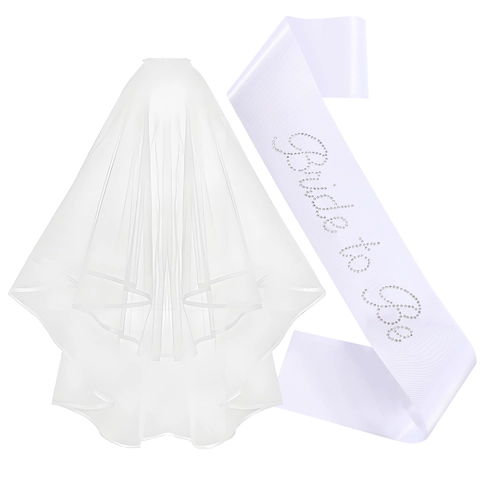 Bride To Be Sjerp En Sluier Set Wit Satijn Strass Belettering Gaas Bruiloft Vrijgezellenfeest Decoratie Accessoire Dames